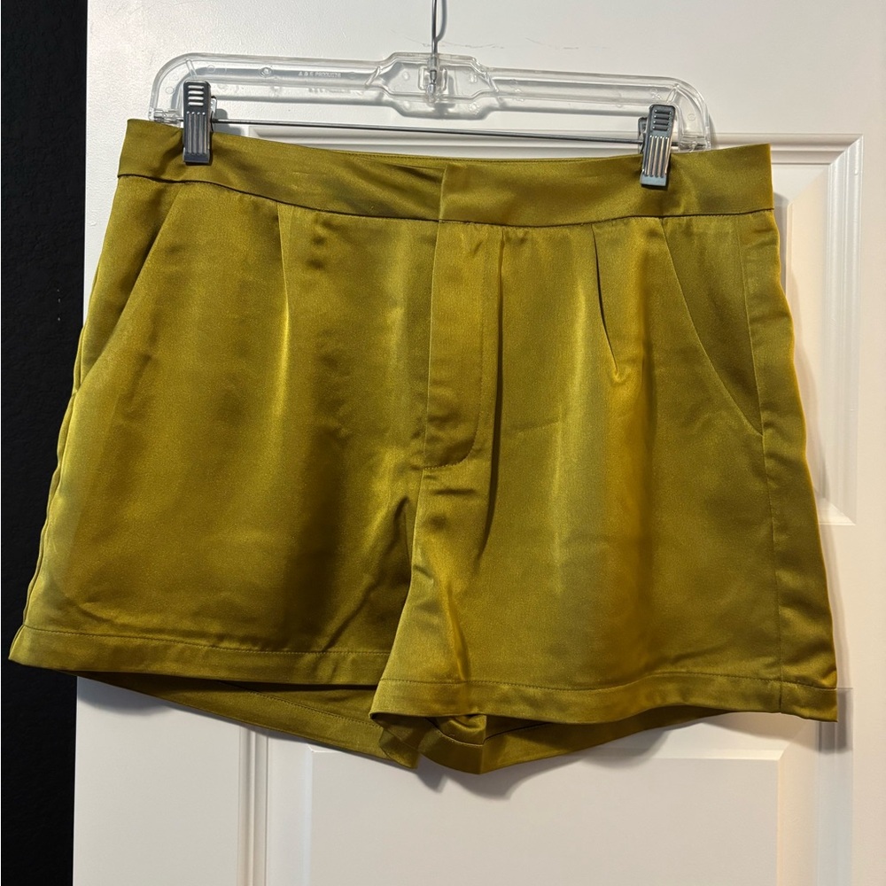AKIRA Olive Green High-Waist Satin Shorts